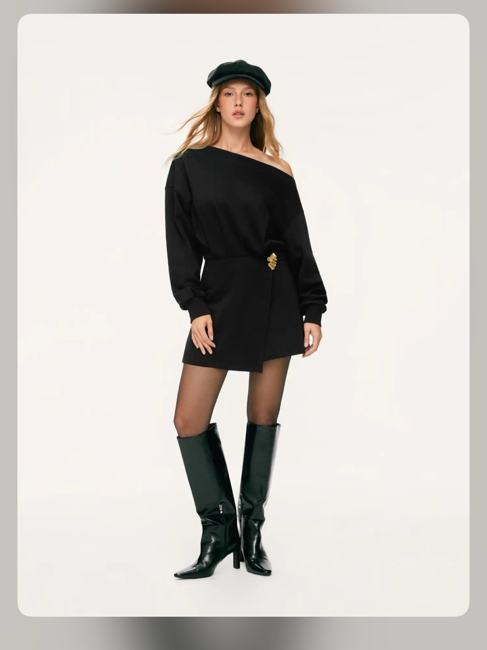 Cider COTTON-BLEND ASYMMETRICAL NECK METAL DETAIL SWEATSHIRT MINI DRESS L WC13-5